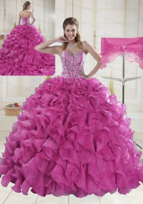 Hot Pink Sweetheart Brush Train Quinceanera Dresses in Sweet 16