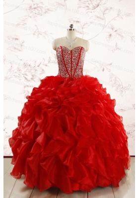 Red Beading and Ruffles Sweetheart Pretty Quinceanera Dresses for 2015