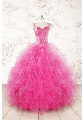 2015 Pretty Straps Hot Pink Quinceanera Dresses with Beading