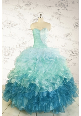 2015 Prefect Blue Quinceanera Dresses with Beading and Ruffles