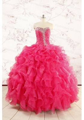 2015 Pretty Beading Sweet 15 Dresses in Hot Pink
