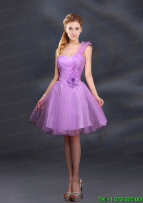 2015 Lilac Hand Made Flowers A Line One Shoulder Prom Dresses