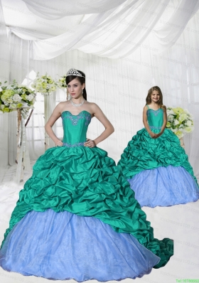 2015 Fashionable Appliques Brush Train Princesita Dress in Turquoise