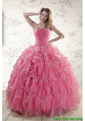 2015 Pretty Beading Quinceanera Dresses in Rose Pink