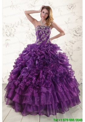 Purple Strapless 2015 Quinceanera Dress with Appliques