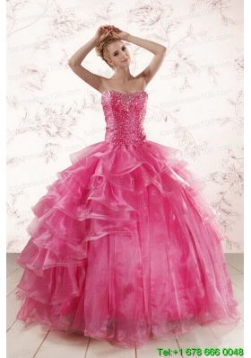 Hot Pink Sweetheart Beading 2015 Quinceanera Dresses with Brush Train