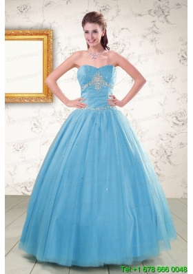 2015 Cheap Strapless Beaded Quinceanera Dresses in Aqua Blue