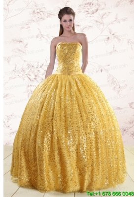 In Stock Yellow Sequined Quinceanera Dress with Strapless