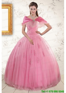 2015 Most Popular Pink Quinceaneras Dresses with Appliques and Beading