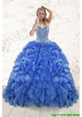 Pretty Beaded Royal Blue Sweet 15 Dresses with Sweep Train