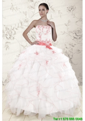 Pretty White Quinceanera Dresses with Pink Appliques and Ruffles