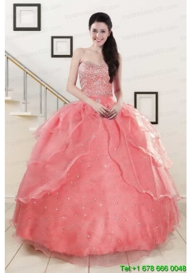Watermelon Sweetheart Beading Appliques Ball Gown Pretty Sweet 16 Dresses