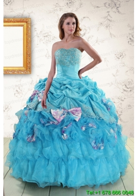 2015 Puffy Aqua Blue Appliques Quinceanera Dresses with Appliques