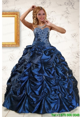 2015 Puffy Appliques Navy Blue Quinceanera Dresses with Pick Ups
