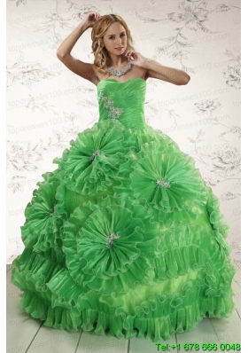 2015 Puffy Sweetheart Green Quinceanera Dresses with Appliques and Ruffles