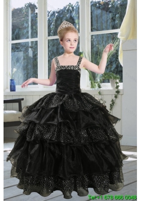 2015 Fashionable Black Straps Sequins Ruffles Organza Little Girl Pageant Dress