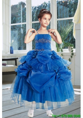 Ball Gown 2015 Royal Blue Little Girl Pageant Dress with Ruffles and Hand Made Flowers
