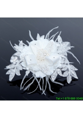 2014 White Pearl Lace and Feather Wedding Hair Flowers