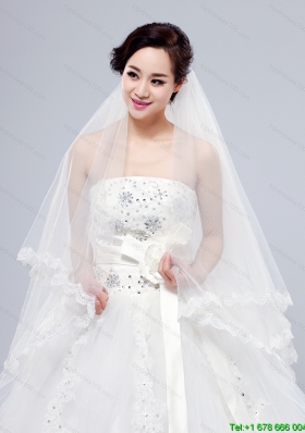 2014 Simple Four Tier Bridal Veils with Lace Appliques Edge