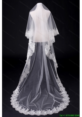 2014 Simple One Tier Bridal Veils with Lace Appliques Edge