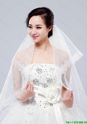 2014 Simple One Tier Bridal Veils with Lace Appliques Edge