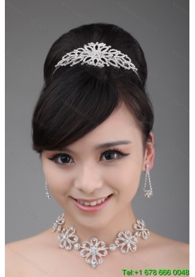 Alloy With Luxurious Rhinestone Jewelry Set Including Crown Necklace And Earrings