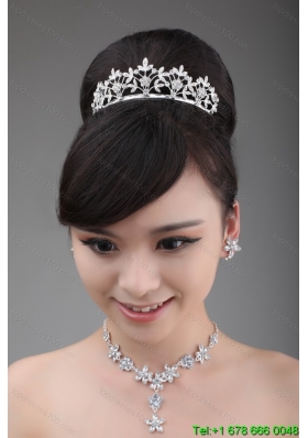 Intensive Flower Rhinestone Alloy Jewelry Set With Crown Necklace And Earrings