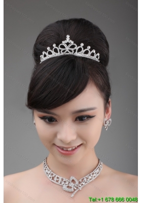 Rhinestone Wedding Jewelry Set Including Necklace  Earrings And Crown With Bowknot