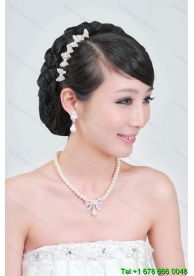 Beautiful Alloy With Peals Wedding Jewelry Set Including Necklace Earrings And Headpiece