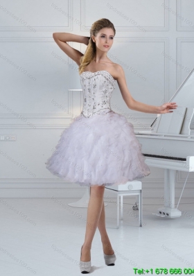 2015 Junior Strapless White Prom Dresses with Ruffles and Beading