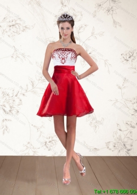 Junior Strapless White and Wine Red Prom Dresses with Embroidery