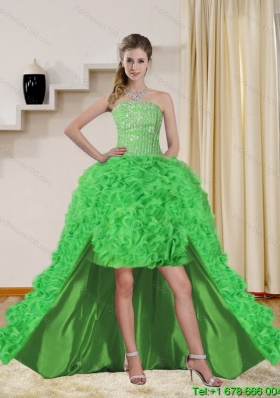 2015 Beautiful Spring Green High Low Junior Prom Dresses with Beading