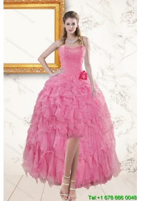2015 Rose Pink Sweetheart Junior Prom Dresses with Beading and Ruffles
