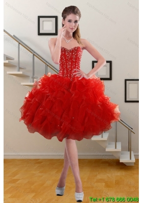 2015 Pretty Sweetheart Ruffled Red Prom Gown with Beading and Ruffles