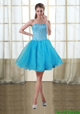 2015 Puffy Baby Blue Sweetheart Short Prom Dresses with Beading