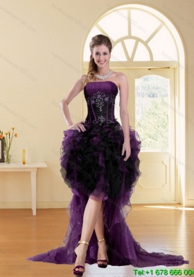 Pretty Multi Color High Low Strapless Short Prom Dresses for 2015 with Beading and Ruffles
