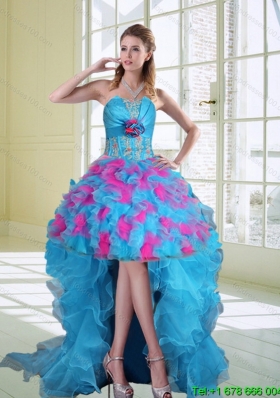 2015 High Low Strapless Ruffled Prom Dresses with Hand Made Flower