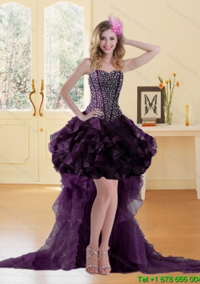 High Low Burgundy Prom Dress with Ruffled Layers and Beading