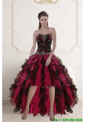 High Low Sweetheart Multi Color Prom Gown with Ruffles and Beading