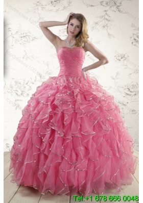 2015 Elegant Rose Pink Quince Dresses with Paillette and Ruffles