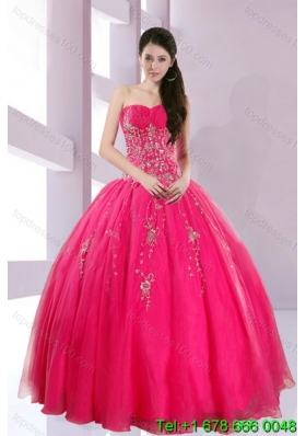 2015 Fshionable Strapless Hot Pink Quince Dresses with Appliques