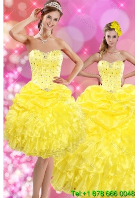 2015 Sweetheart Yellow Sweet 15 Dresses with Beading and Ruffles