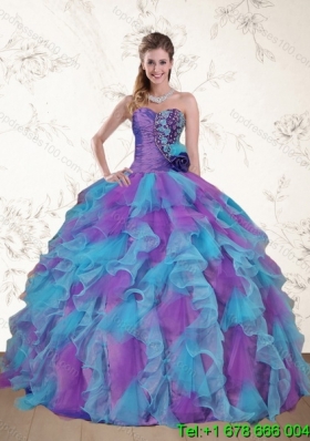 Cute Strapless Beading and Ruffles Multi Color Sweet 15 Dress