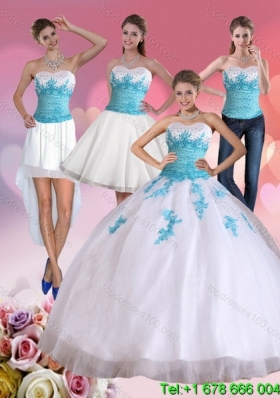 2015 Beautiful Strapless Beading and Appliques Detachable Quinceanera Skirts in White and Blue