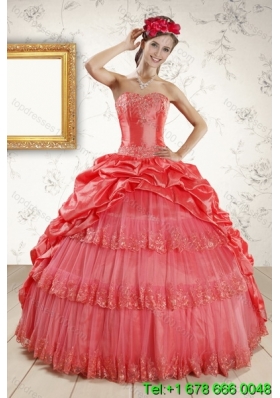 2015 Strapless Coral Red Quinceanera Dresses with Pick Ups and Beading