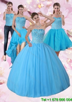 Detachable Baby Blue Strapless 2015 Quinceanera Dress Skirts with Beading