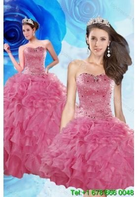 Luxurious Coral Red Quince Dresses with Beading and Ruffles