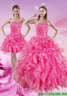 Sturning Hot Pink Quince Dresses with Beading and Ruffles for 2015