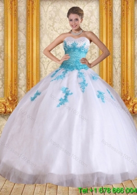 2015 Cute Sweetheart Floor Length Quinceanera Dress in White and Blue