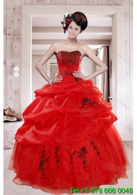 2015 Perfect Red Quinceanera Dresses with Appliques and Pick Ups